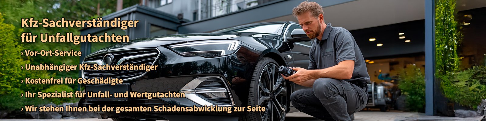 Kfz-Sachverständiger kniet vor dem Pkw